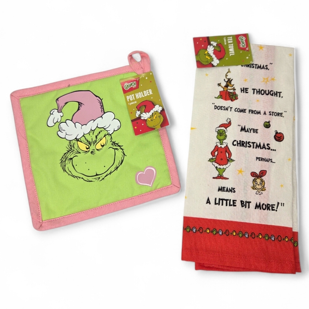 Dr. Seuss Grinch Pot Holder and Tea Towel‎ Set Christmas Green and Pink